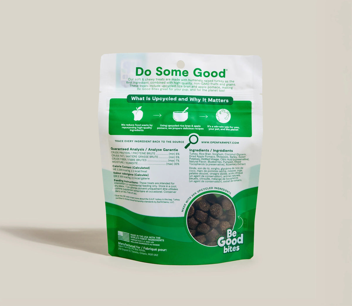 Open Farm Be Good bites dog treat bag, back with nutrition and treat circle detail