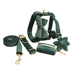 Teal velvet dog set: harness, collar, leash, pouch, and flower bow tie accessory