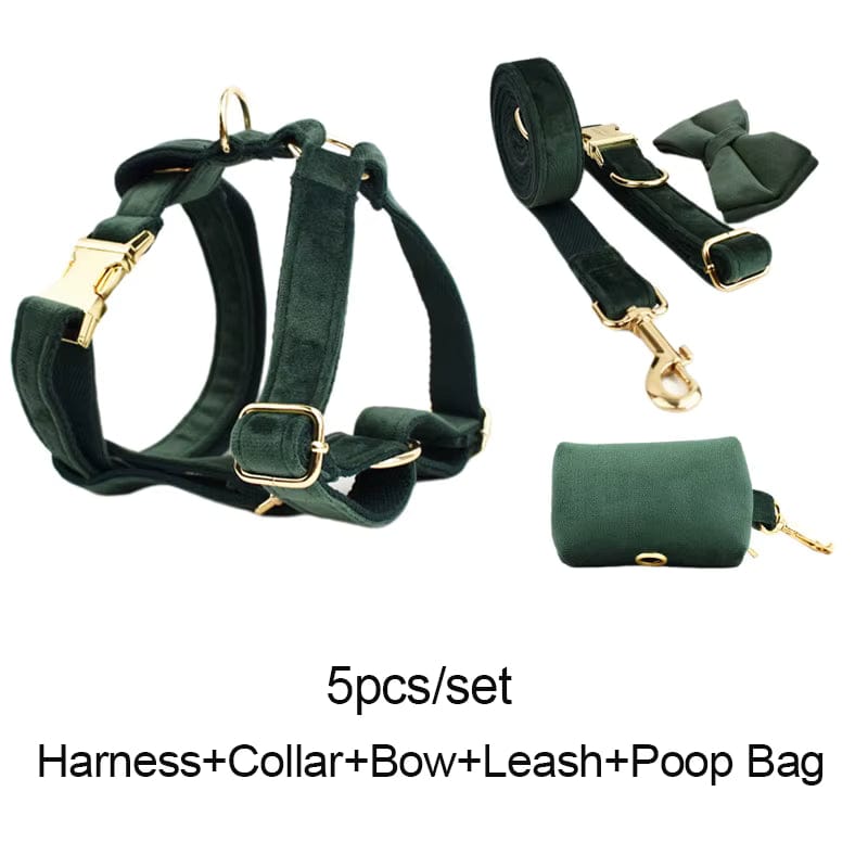 Teal velvet dog harness, leash, collar, bow tie, and poop bag holder set
