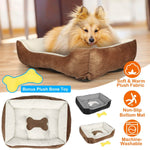 Brown plush dog bed with white liner and a bone toy, with dog relaxing on top.