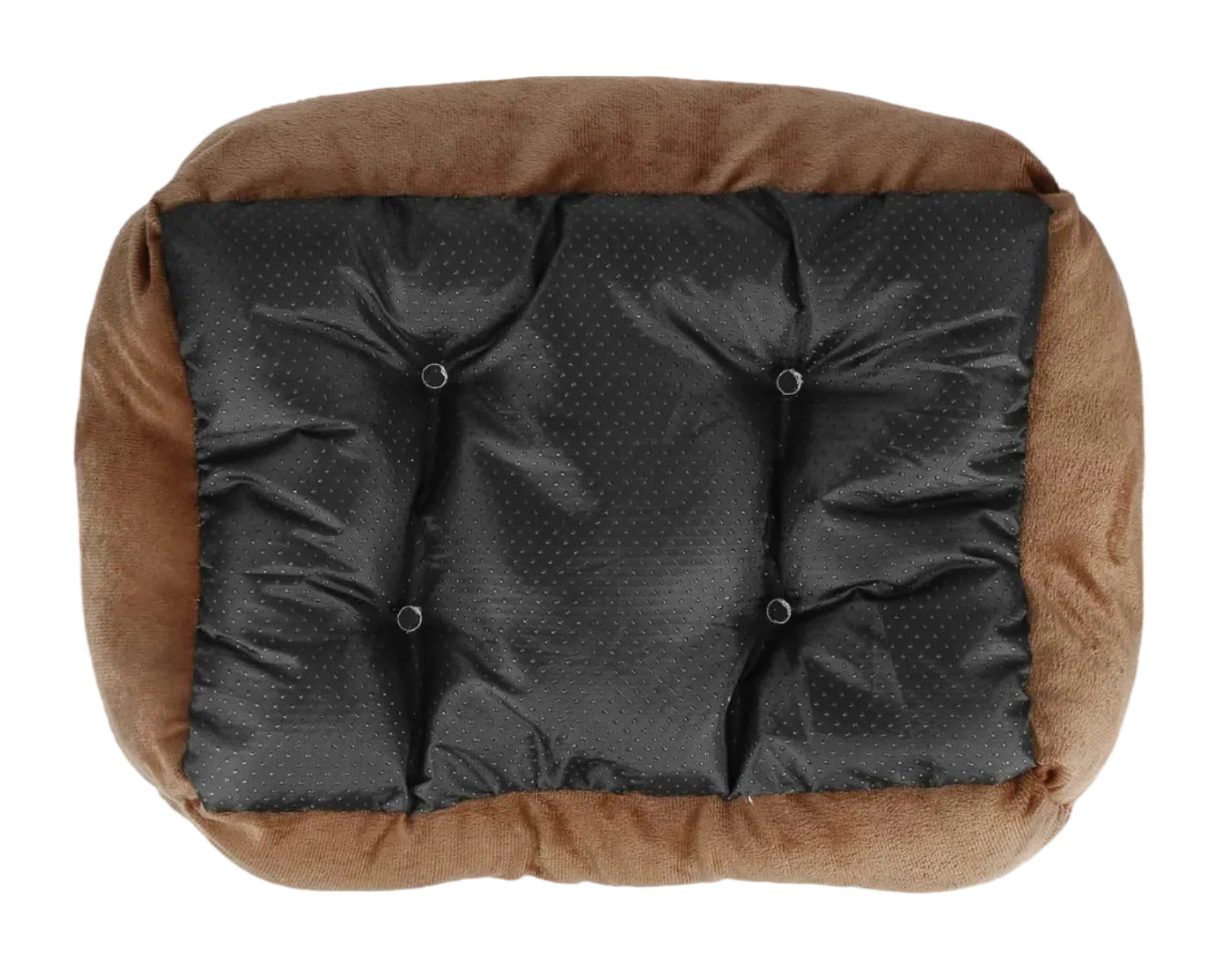 Brown plush dog bed with dark quilted cover panel and button details.
