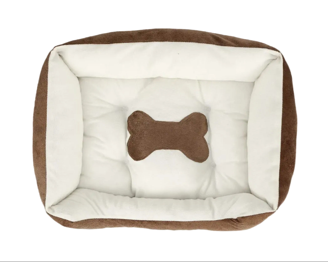 Brown and white plush dog bed with padded white floor and brown bone cushion.