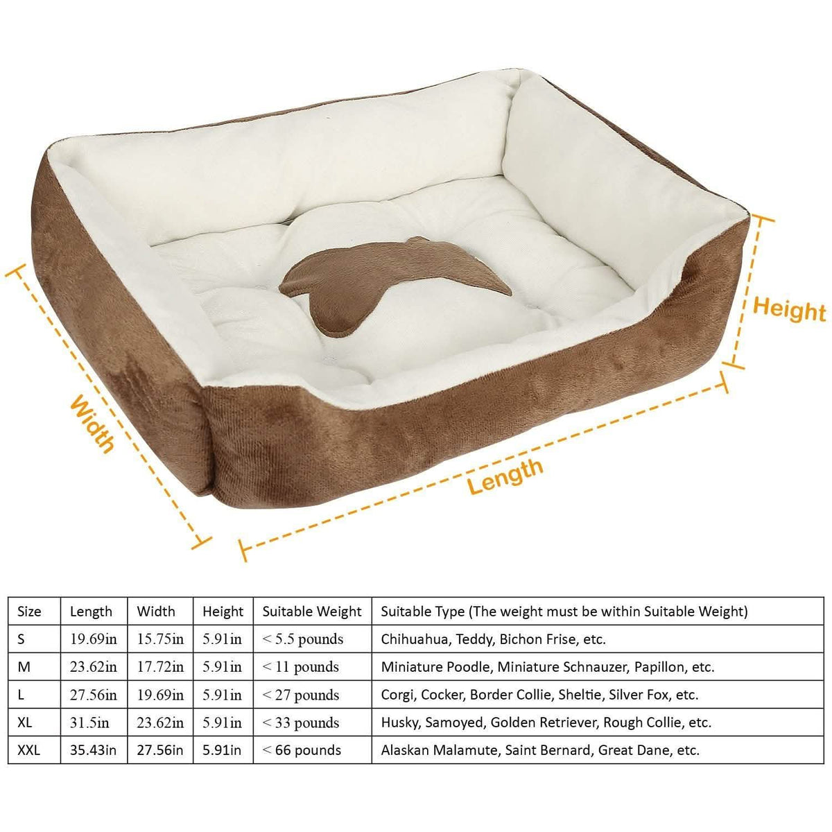 Brown plush dog bed with white inner cushion and brown bone-shaped pillow.