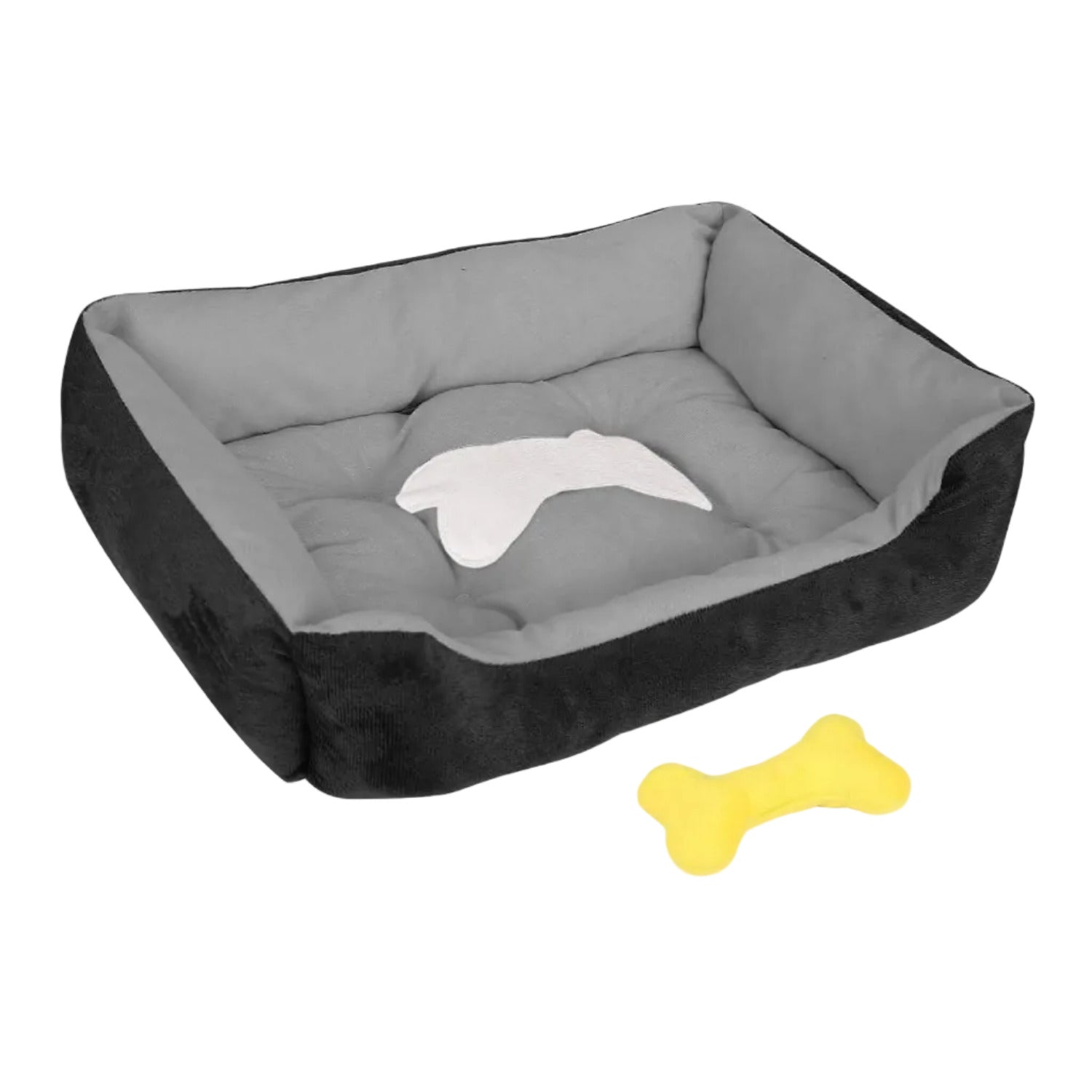 Black plush dog bed with light gray padded insert and white bone toy nearby.