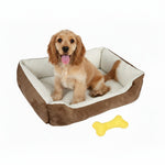 Brown plush dog bed with cushioned white liner and raised edges, holding a resting dog.