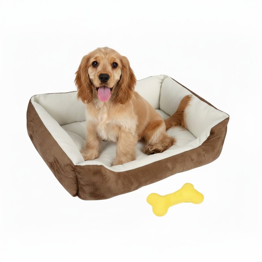 Brown plush dog bed with cushioned white liner and raised edges, holding a resting dog.