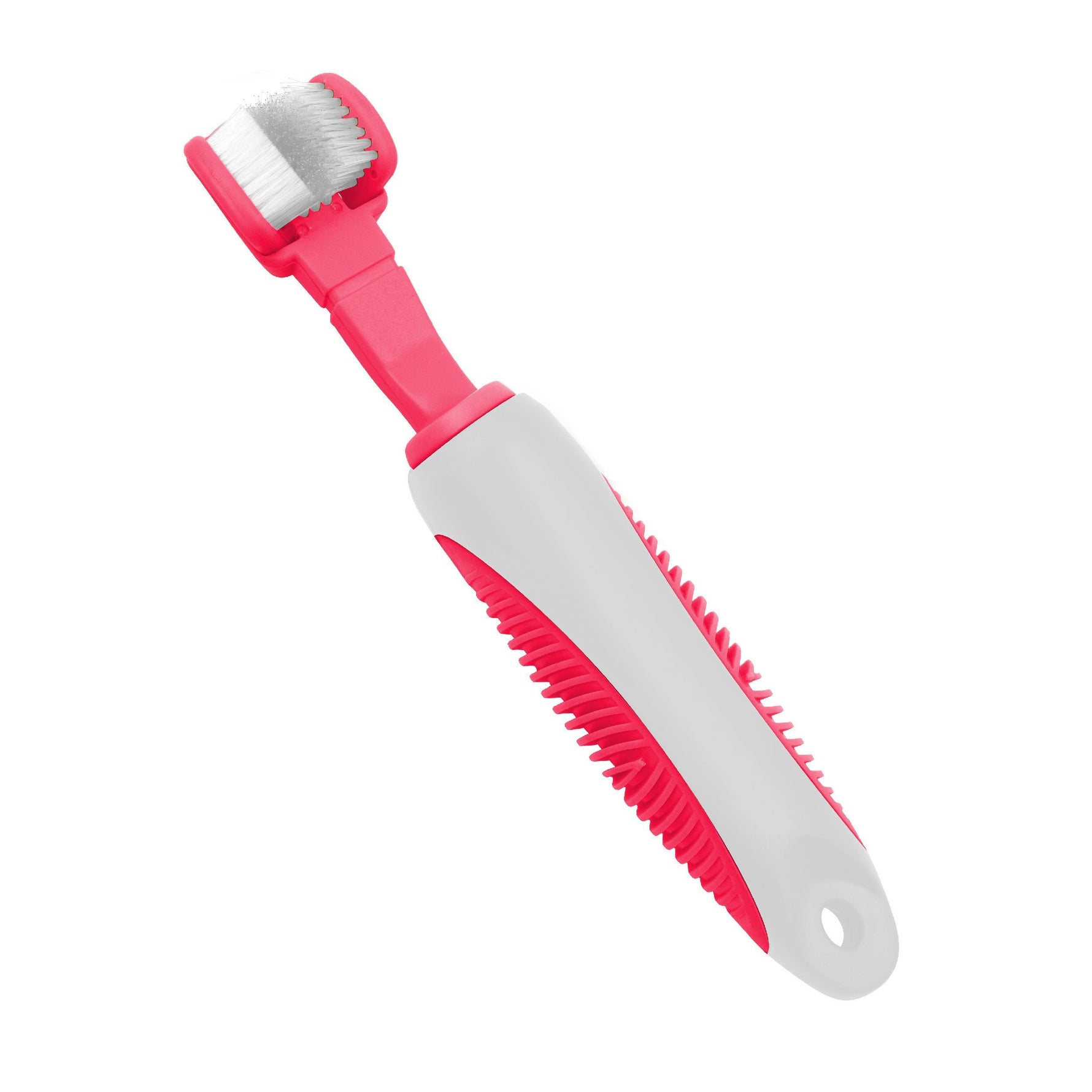Dual-sided pet toothbrush with pink bristles and pink-and-gray handle