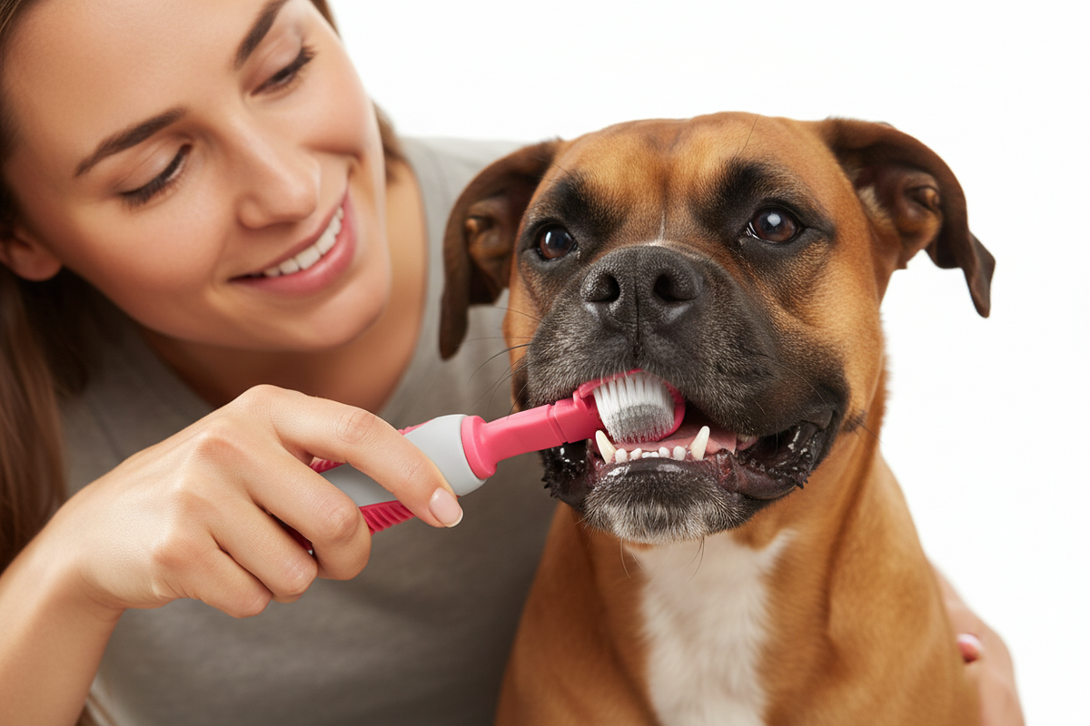 Pet toothbrush with pink handle, bristles brushing a dog's teeth