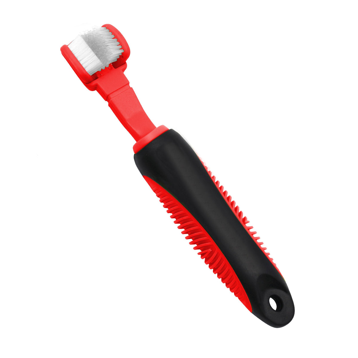 Denta-Clean dual-sided pet toothbrush with white bristles, red and black handle