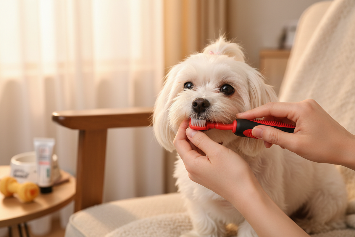 Pet toothbrush with dual-sided bristle head and red handle