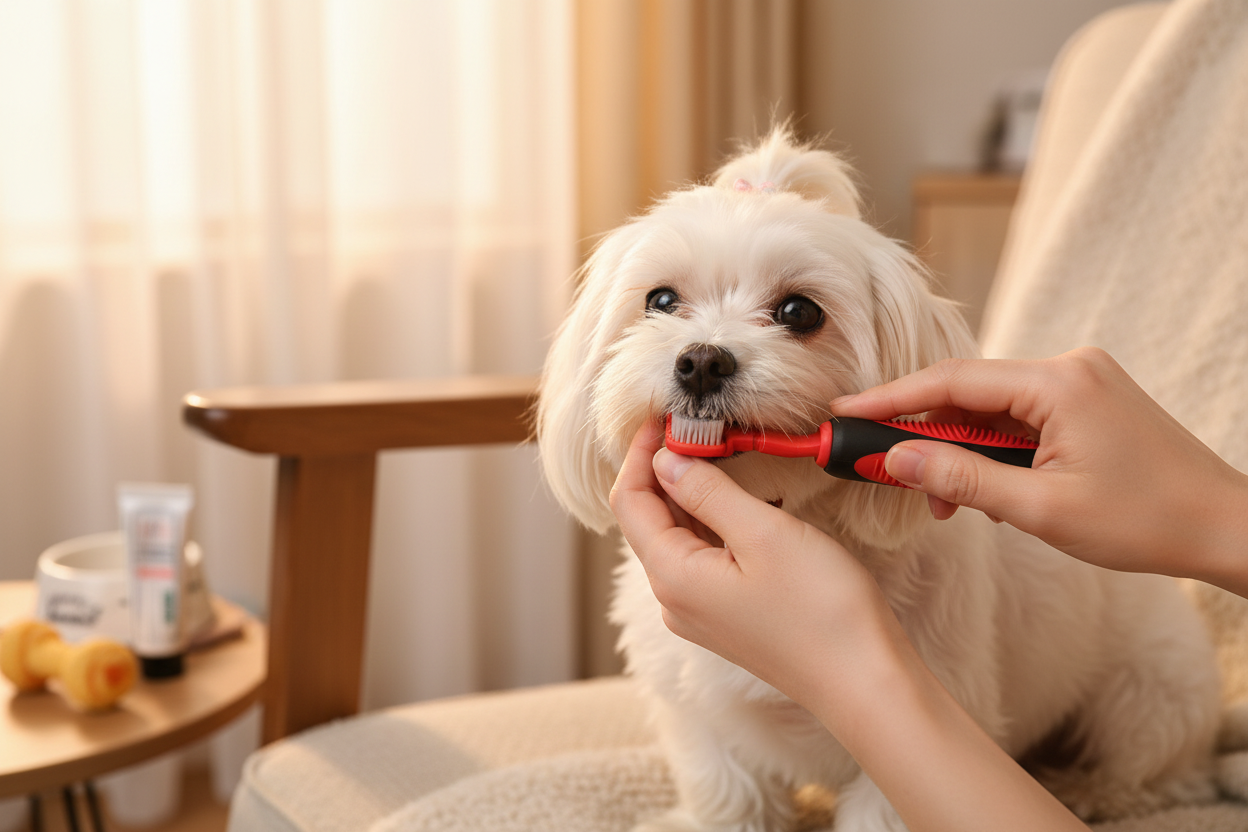 Pet toothbrush with dual-sided bristle head and red handle