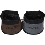 Dual folding pet bowl set: brown FOOD and gray WATER collapsible containers, black rim