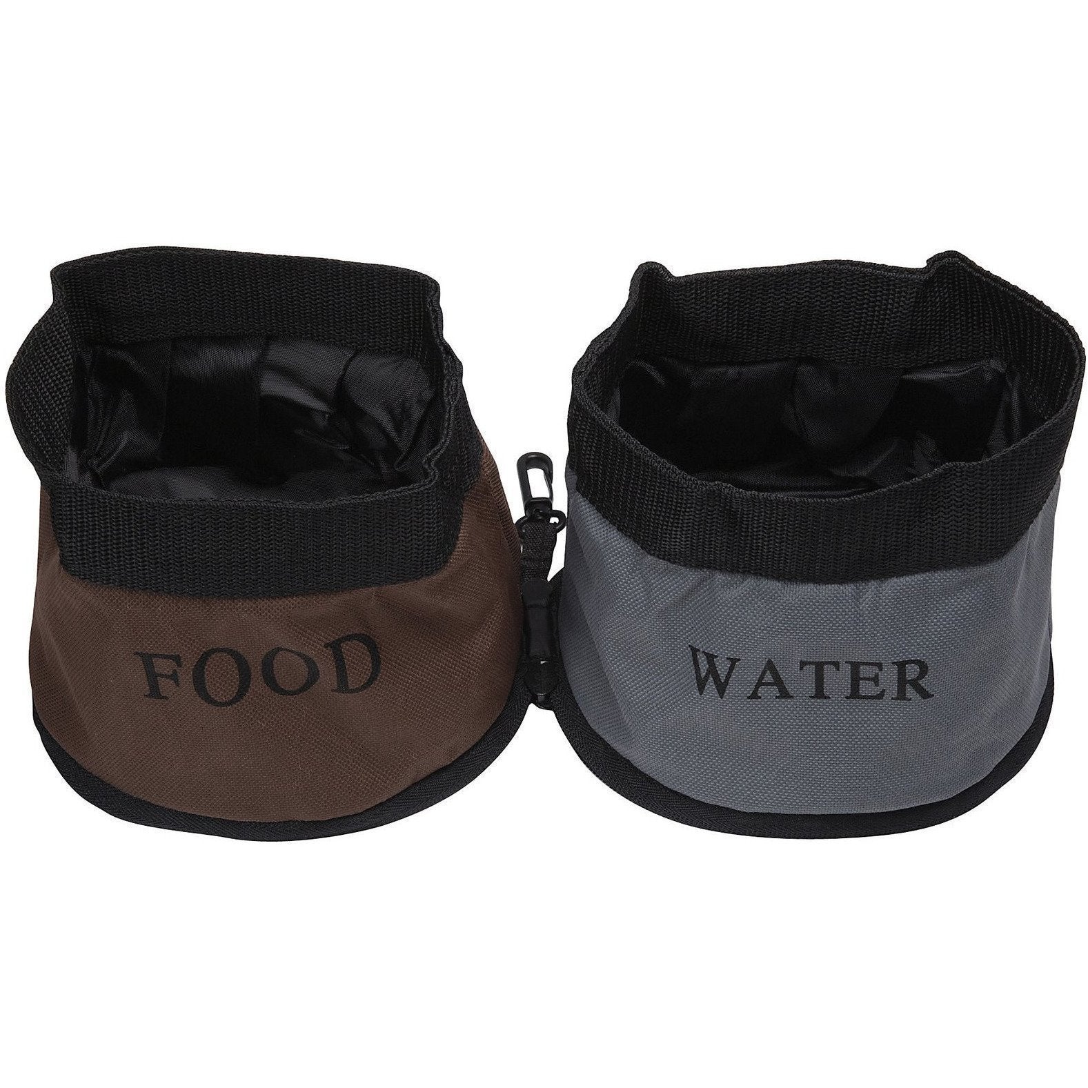 Dual folding pet bowl set: brown FOOD and gray WATER collapsible containers, black rim