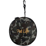Camouflage collapsible pet bowl with hanging loop, round carry pouch-style container