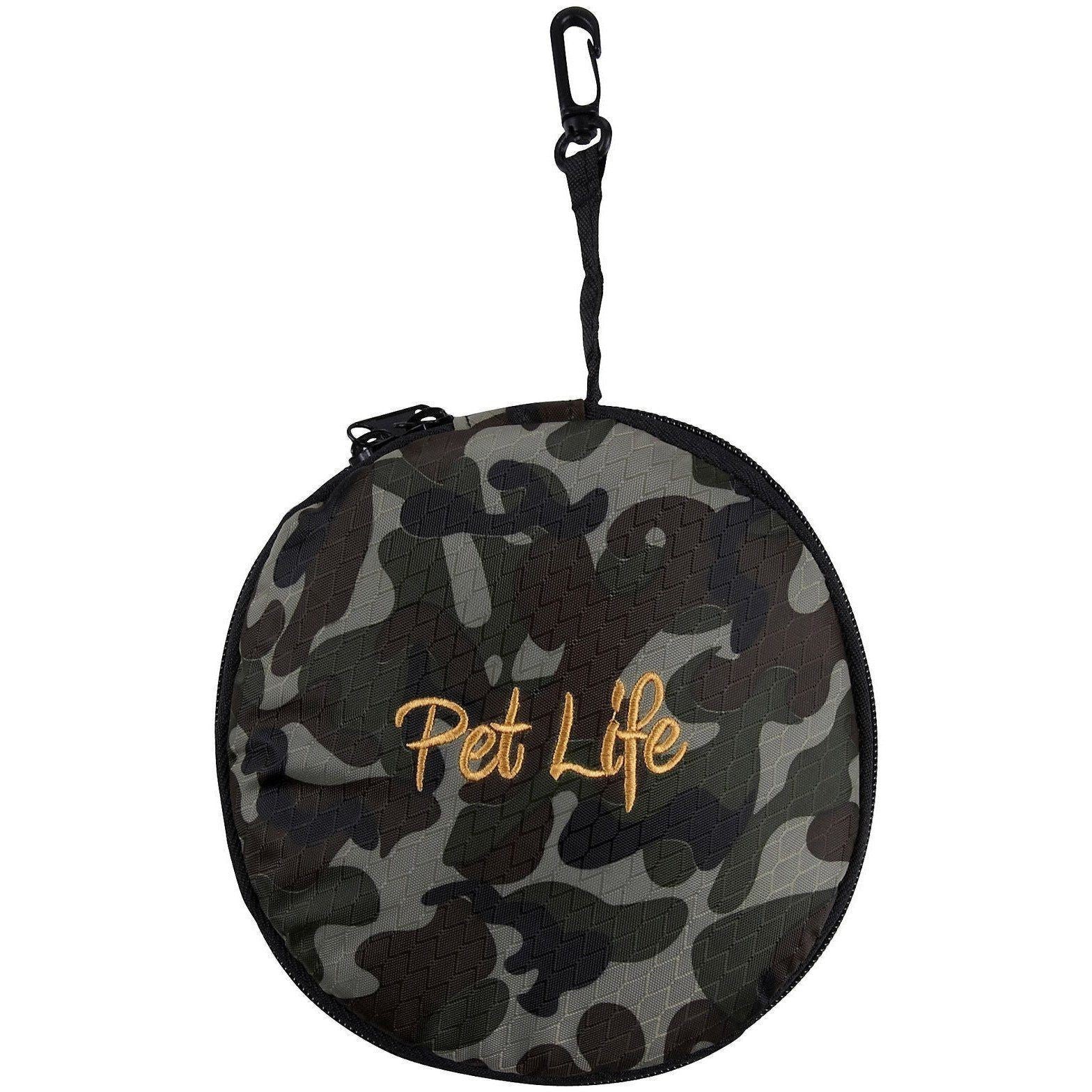 Camouflage collapsible pet bowl with hanging loop, round carry pouch-style container