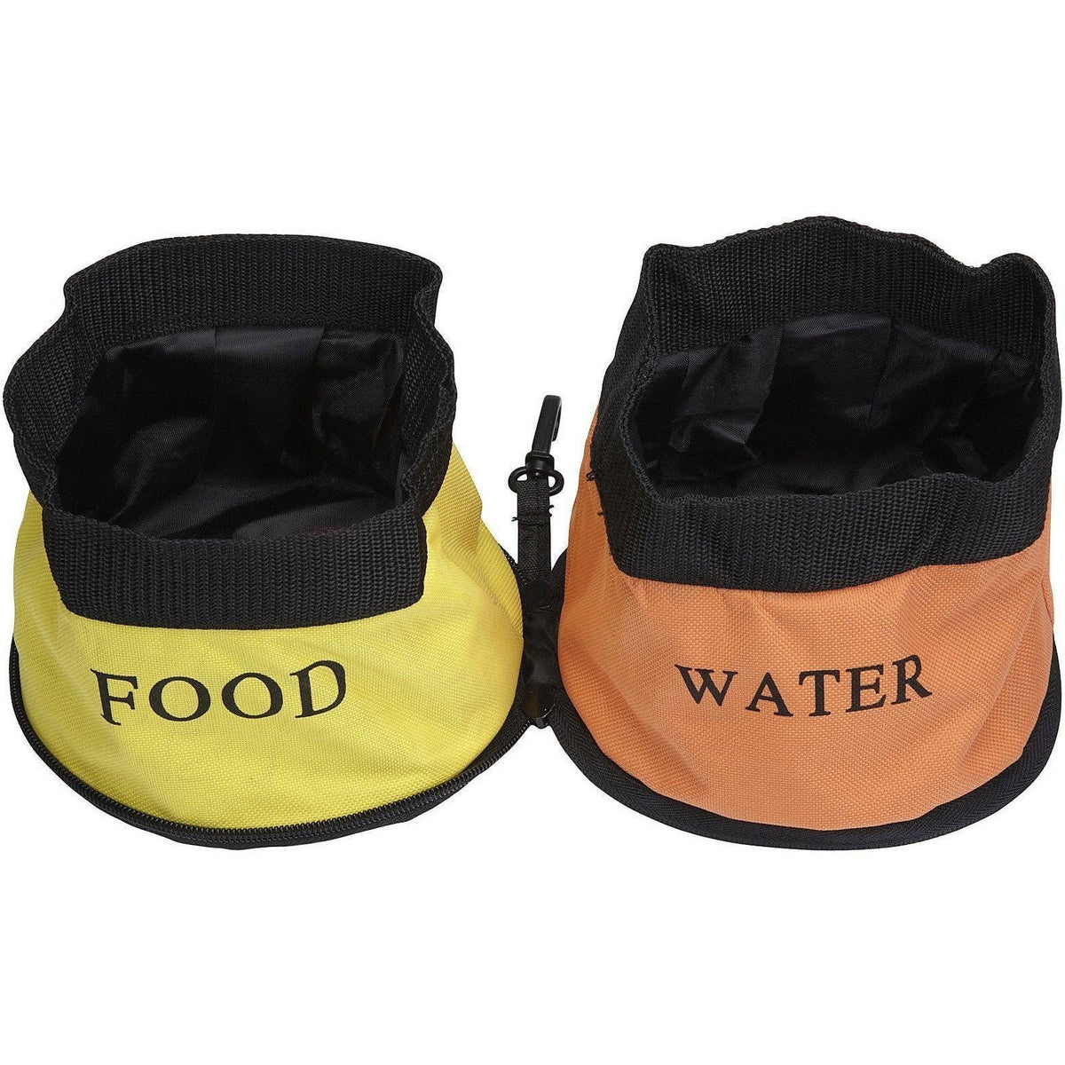 Dual folding pet bowl set: yellow FOOD and orange WATER collapsible containers, black rim