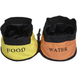 Dual folding pet bowl set: yellow FOOD and orange WATER collapsible containers, black rim