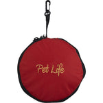 Red collapsible pet bowl with hanging loop, round carry pouch-style container