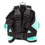 Turquoise plush dog harness backpack with padded black harness straps and top handle ring