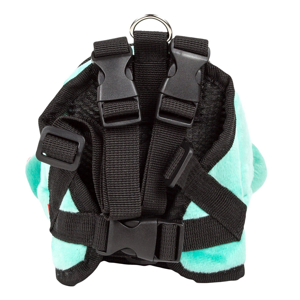 Turquoise plush dog harness backpack with padded black harness straps and top handle ring