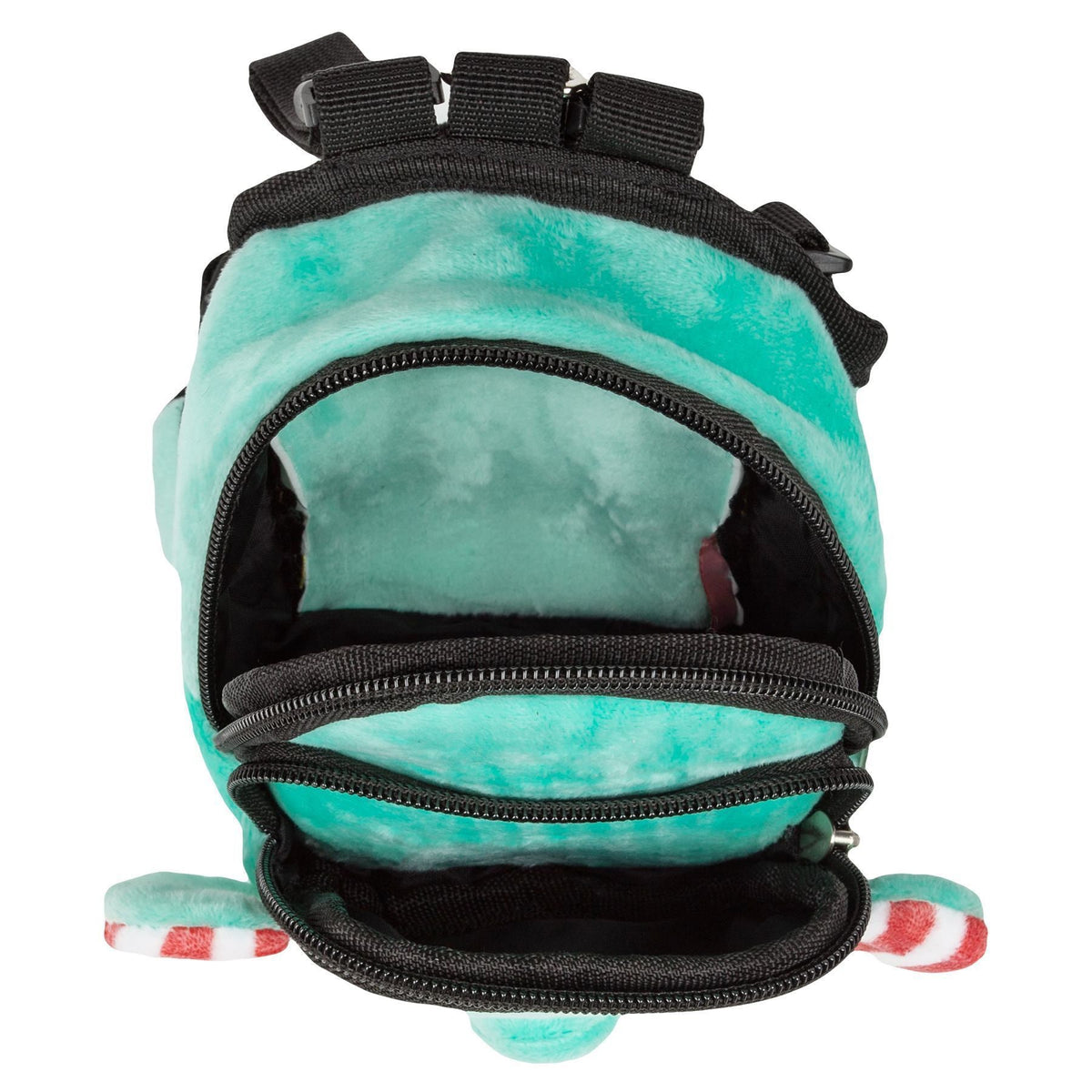 Turquoise plush dog harness backpack with open black interior and black top zipper
