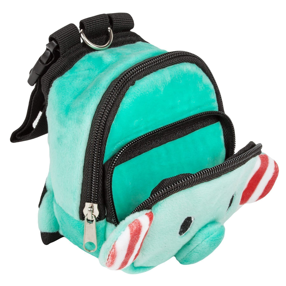 Turquoise plush dog harness backpack with front zipper, black side straps, and red stripe detail