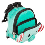 Turquoise plush dog harness backpack with front zipper, black side straps, and red stripe detail