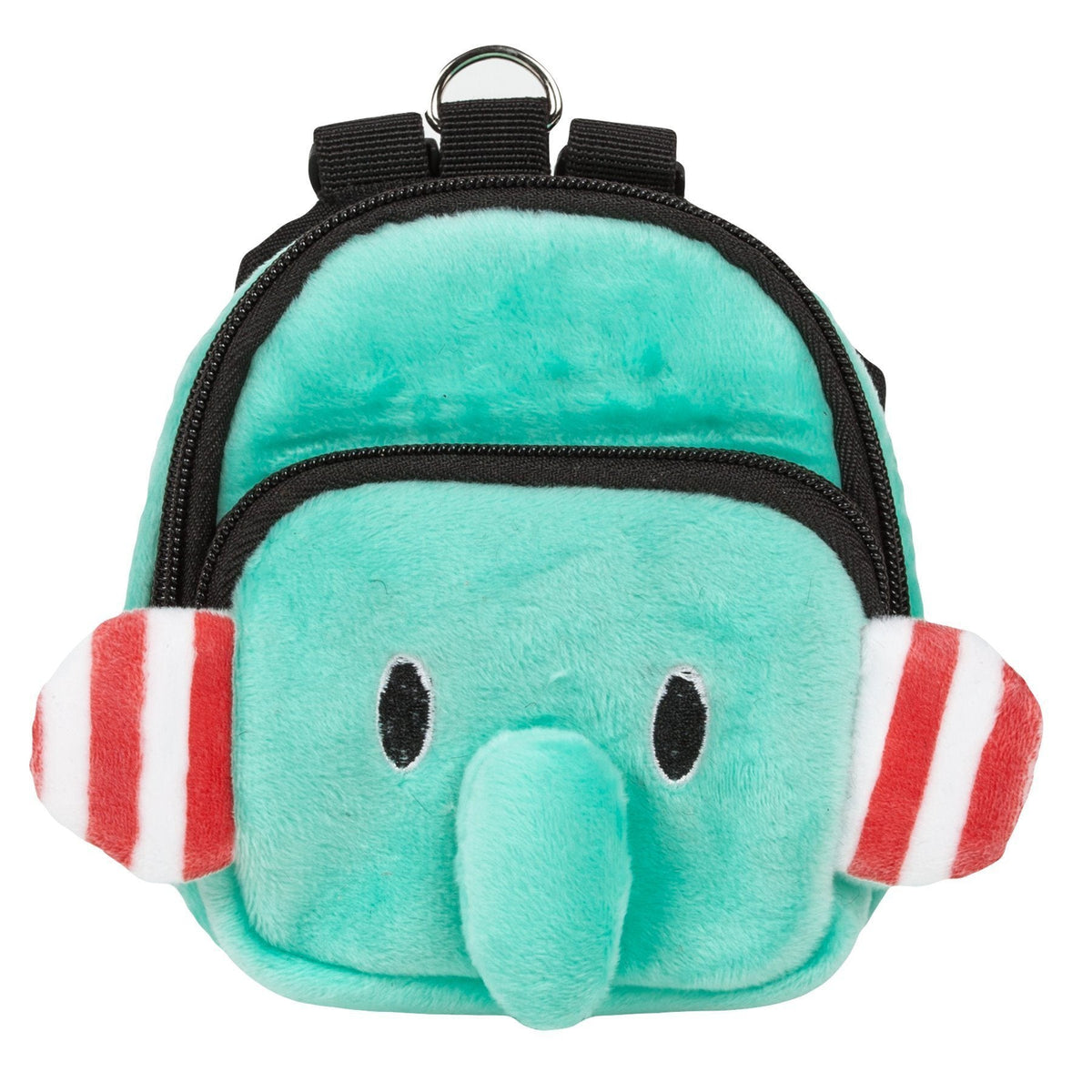 Turquoise plush dumbbone dog harness backpack front with black zipper and red-white stripe sides