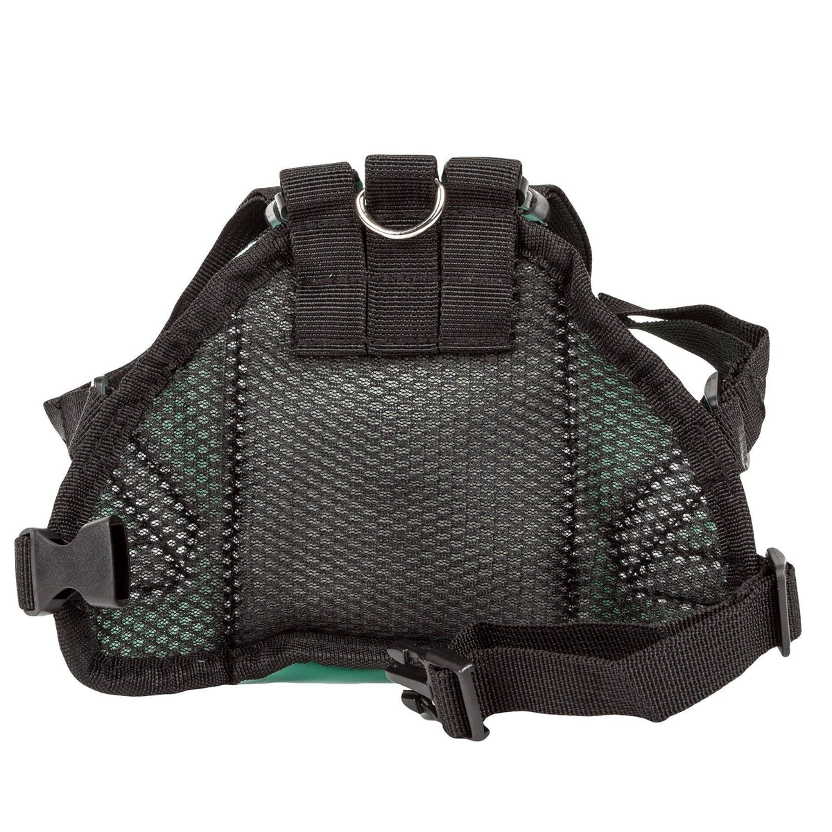 Dog harness backpack back view with black straps and breathable mesh panel