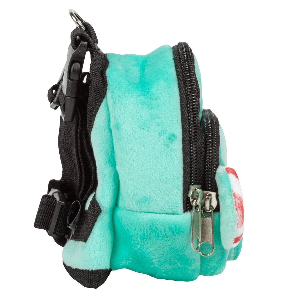 Turquoise plush dog harness backpack with side zipper and black adjustable shoulder strap