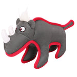 Grey plush animal dog toy with red nylon squeaker accents and big snout