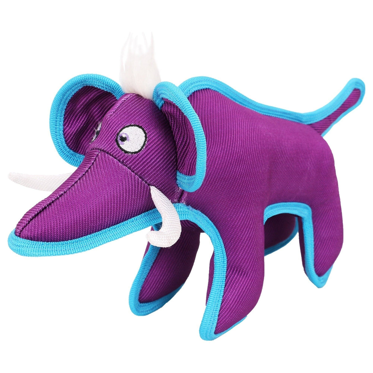 Purple plush animal dog toy with light blue nylon squeaker accents and big snout