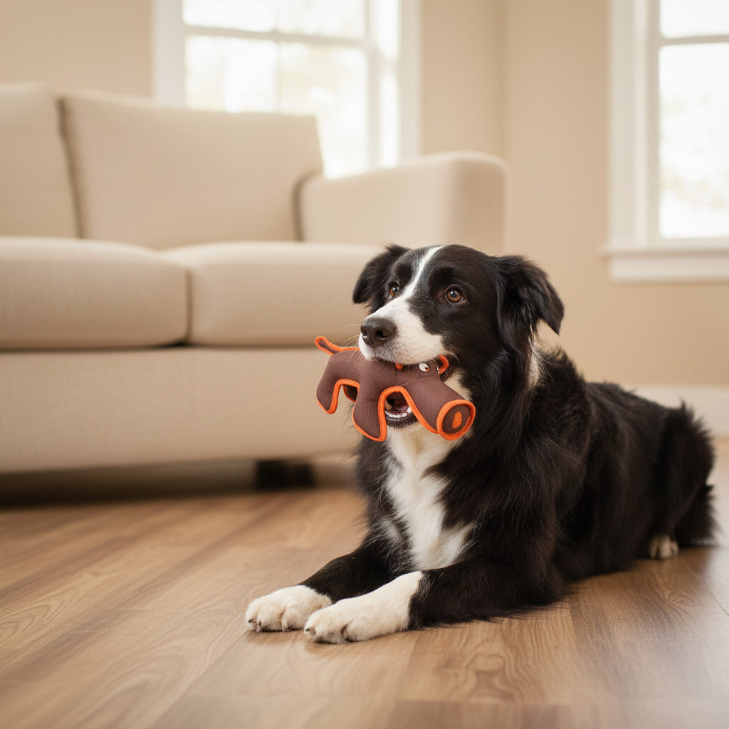 Brown plush animal dog toy with orange nylon squeaker accents, worn by a dog