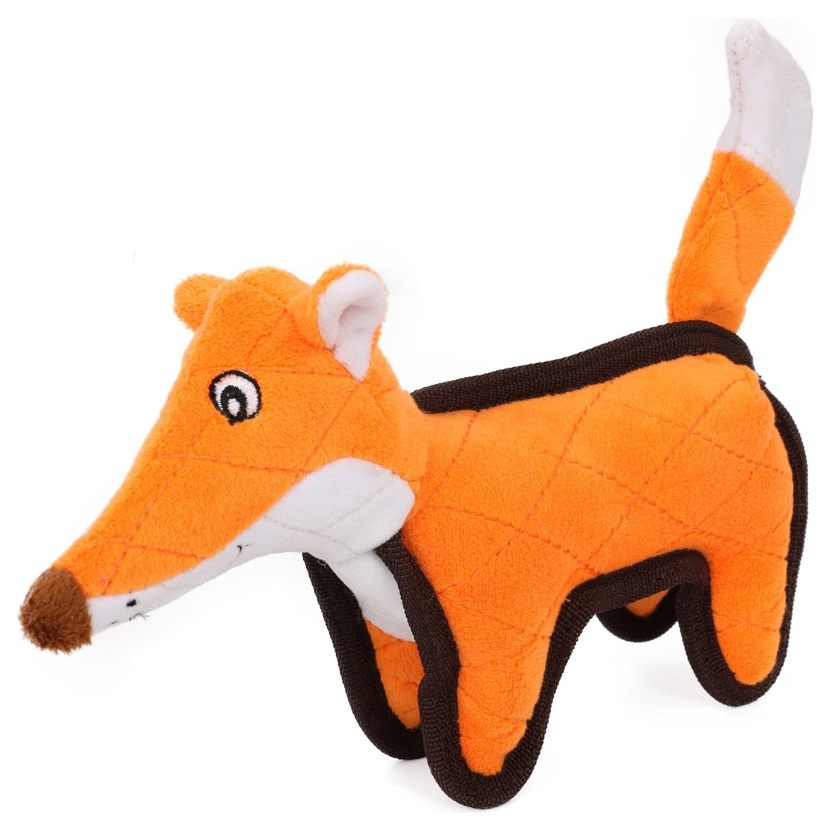 Orange plush dog squeaker toy with quilted body and animated fox tail design.