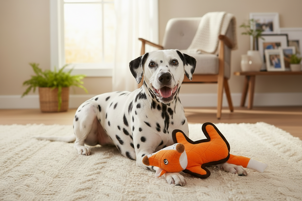 Orange fox-shaped quilted plush dog toy with stitched face and long tail