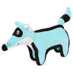 Light blue plush dog squeaker toy with quilted body and animated fox tail design.