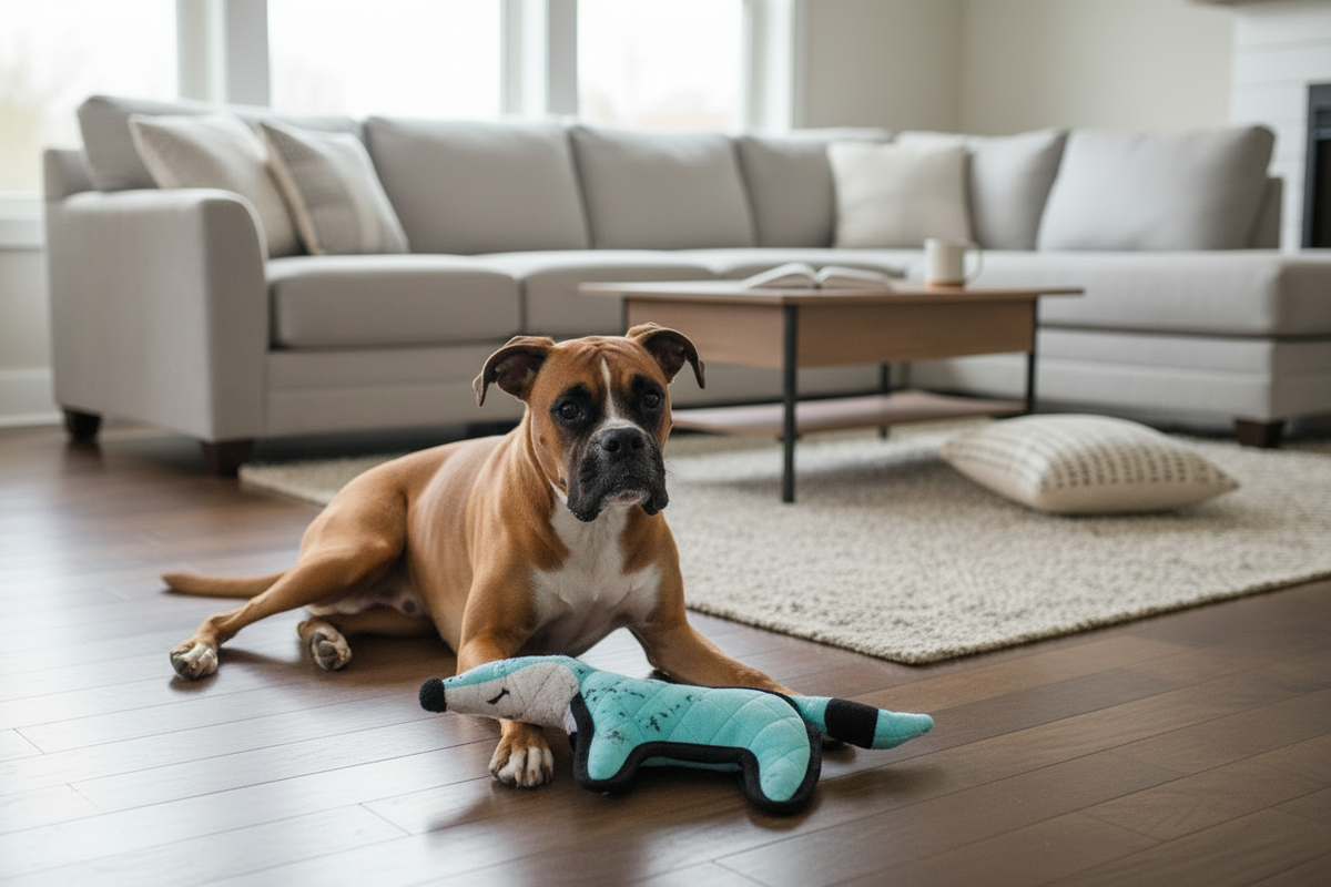Blue fox-shaped quilted plush dog toy with stitched face and long tail
