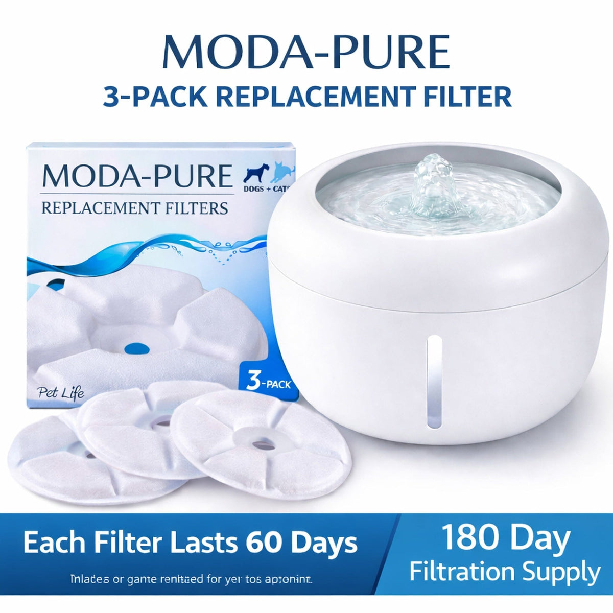 Pet fountain replacement filter 3-pack with white filter pads and retail box