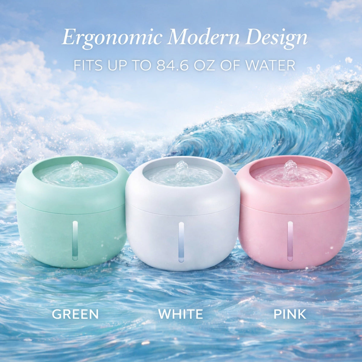 Three round dog and cat water fountains in green, white, and pink color options