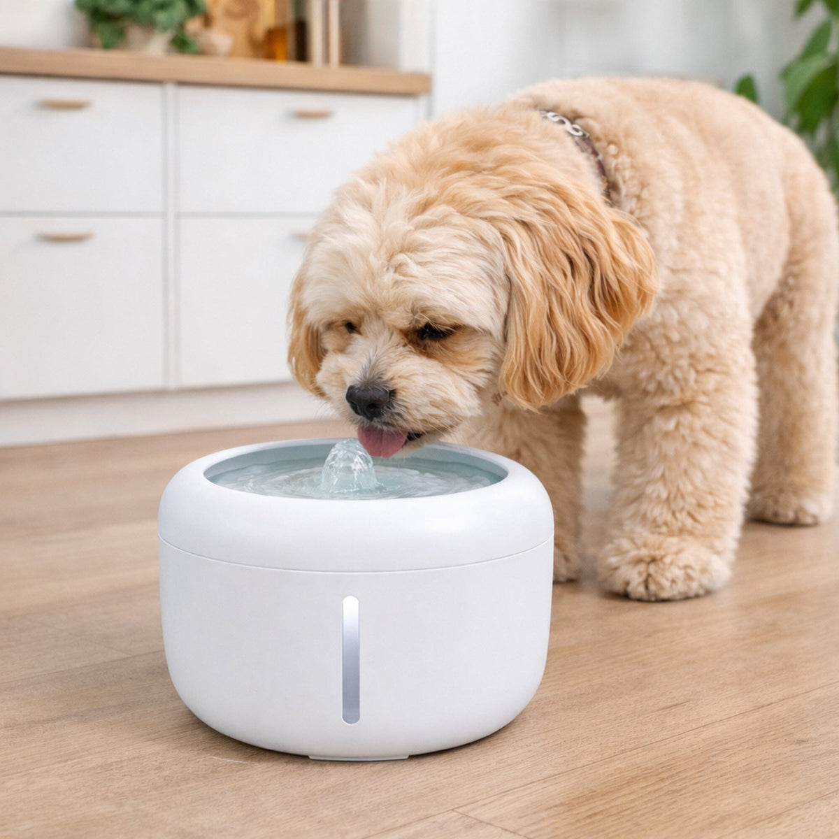 White pet water fountain on floor with small dog drinking from the bubbling spout