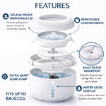 White pet water fountain waterer with removable compartments and easy filter insert shown