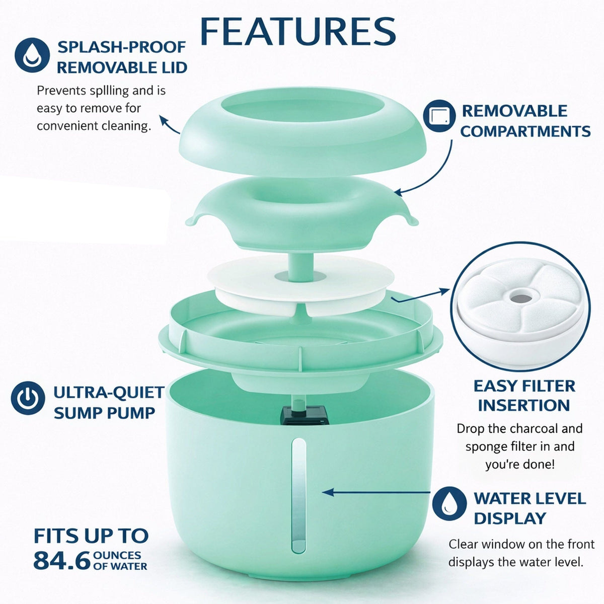 Mint-green dog and cat water fountain with open top showing internal filter parts