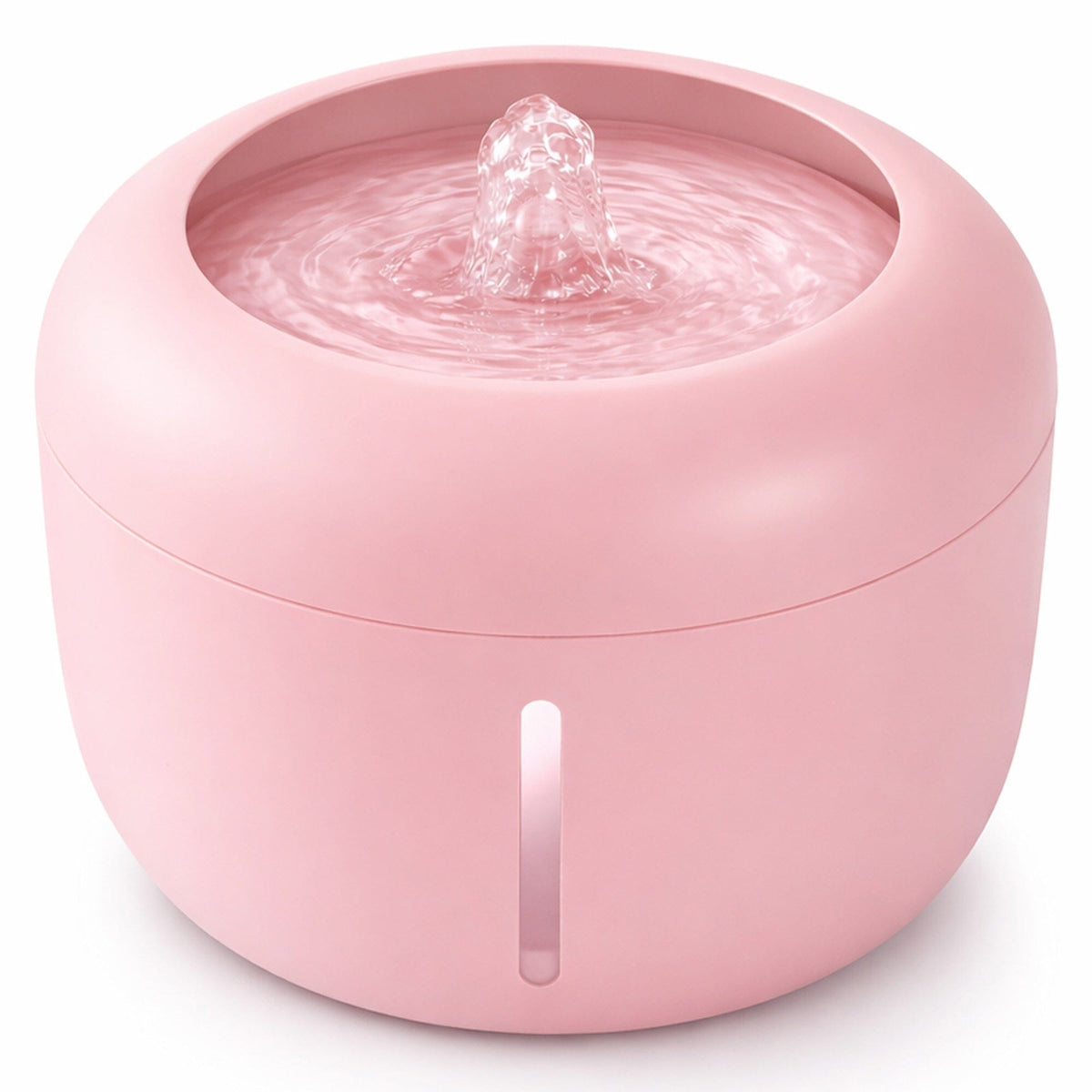 Pink pet water fountain with recirculating spout and open top basin for drinking