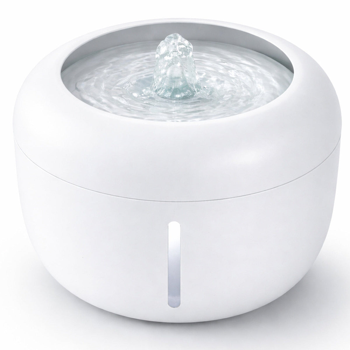 White pet water fountain with recirculating spout and open top basin for drinking