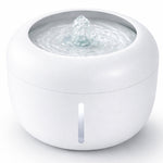 White pet water fountain with recirculating spout and open top basin for drinking