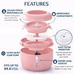 Pink pet water fountain waterer with removable compartments and filter section display