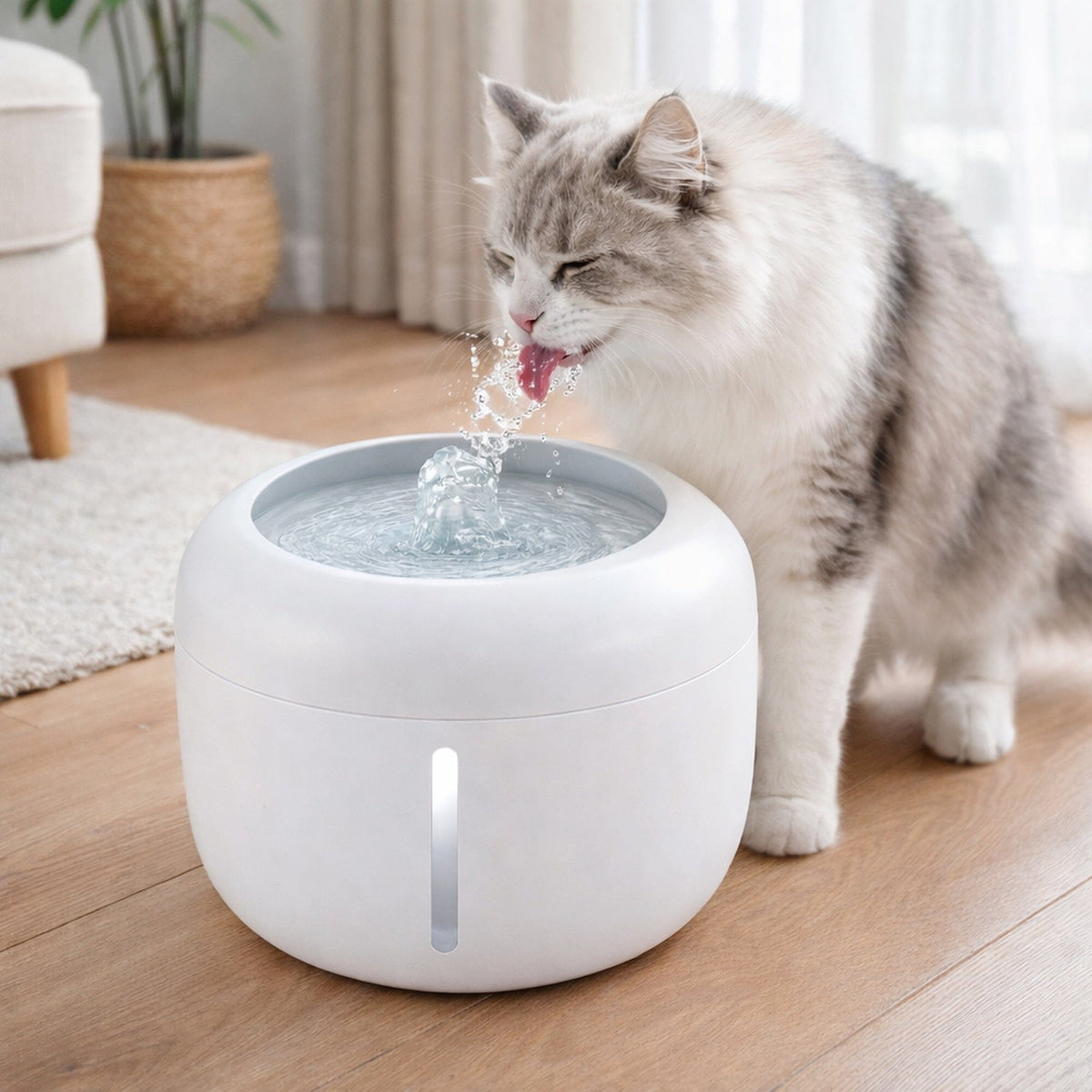 White pet water fountain with cat drinking from the bubbling top spout