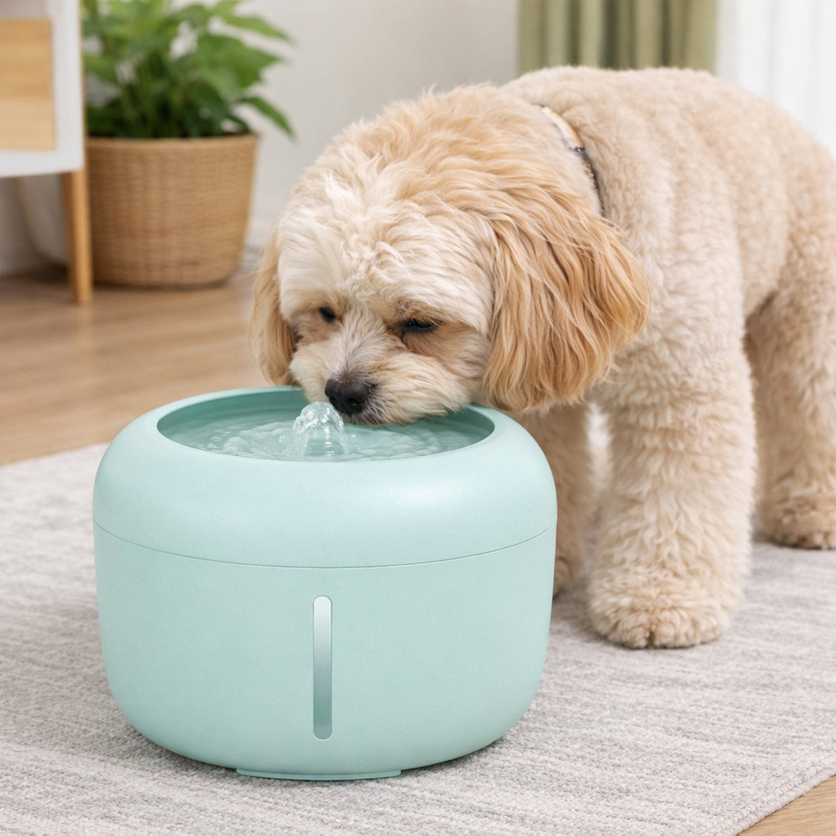 Mint-green dog and cat water fountain on floor with a small cream dog nearby