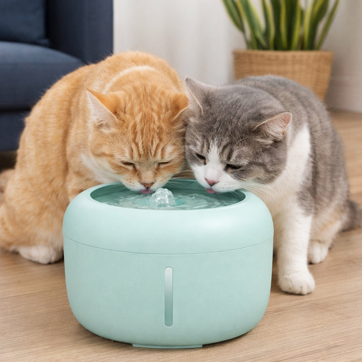 Mint-green dog and cat water fountain with two cats drinking from the basin