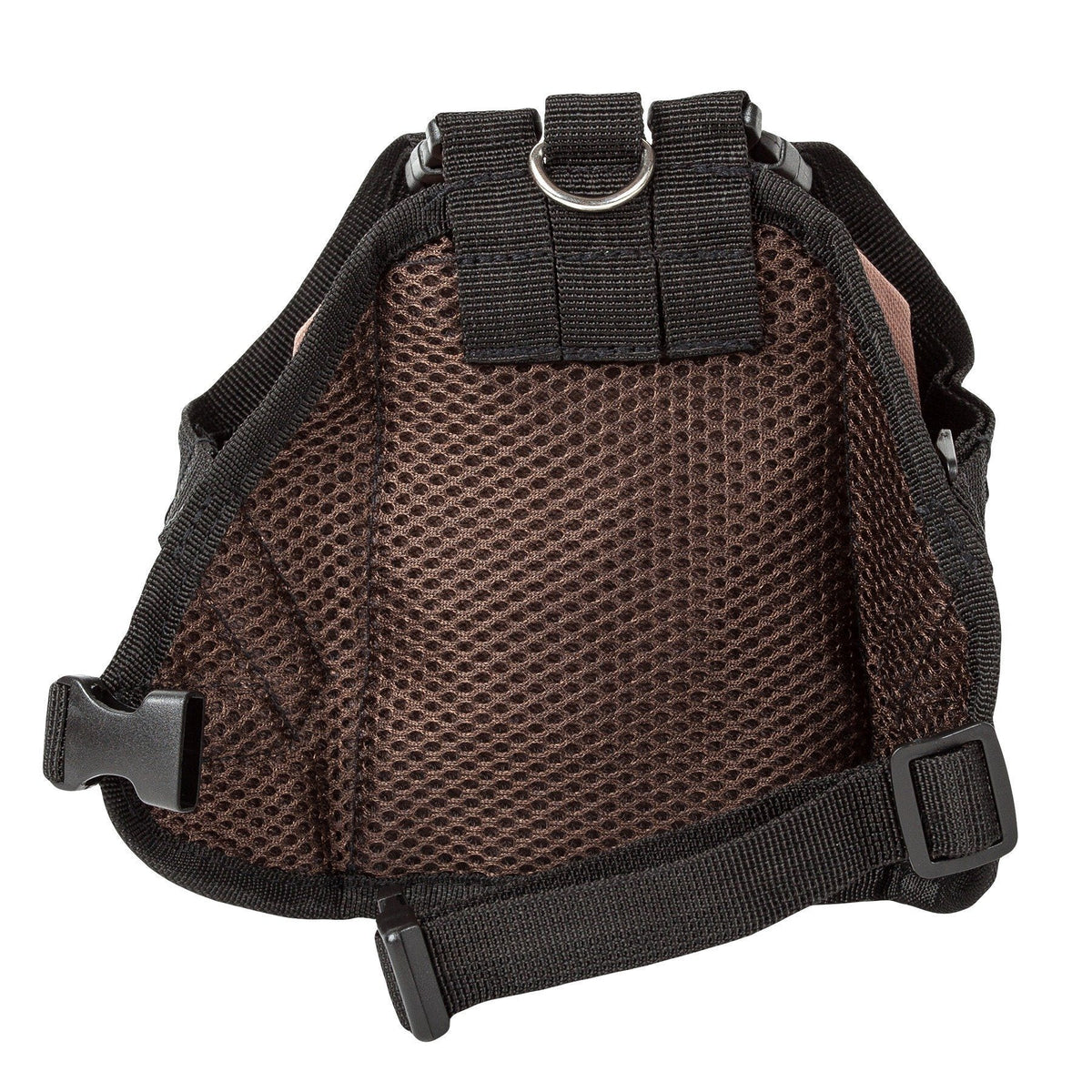Brown dog harness backpack inner mesh panel with front straps and buckles